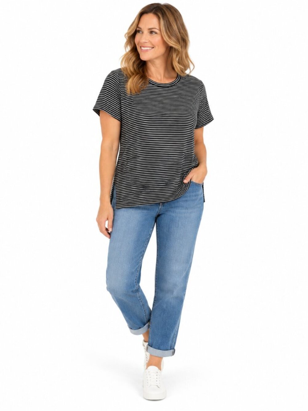 Lands' End Womens L 14-16 Black White Striped Modal Stretch Knit Top